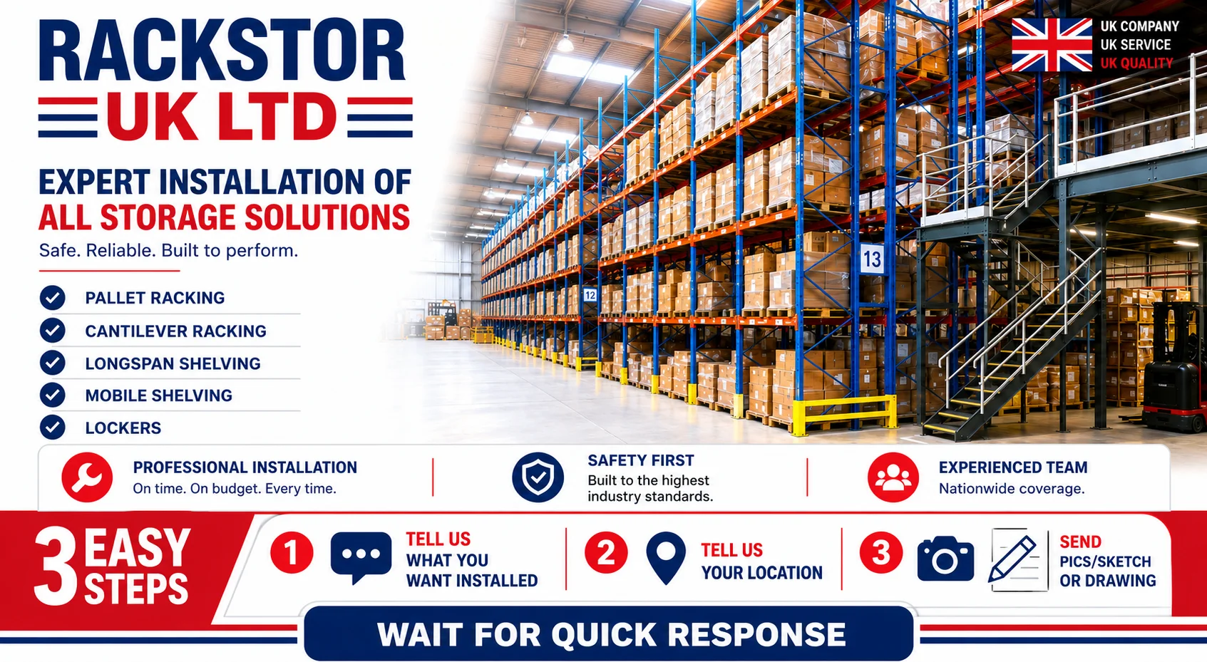 Rackstor UK Ltd — expert installation of all storage solutions: pallet racking, cantilever racking, longspan shelving, mobile shelving and lockers. Somerset based, nationwide UK coverage.
